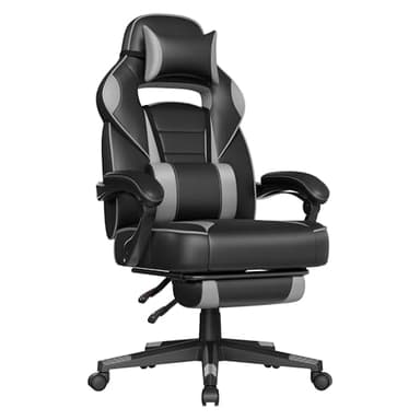 SONGMICS Gamingstoel, verstelbare bureaustoel, met telescopische voetensteun, ergonomisch, kantelmechanisme, hoofdsteun, lendensteun, belasting 150 kg, zwart en grijs OBG073B03