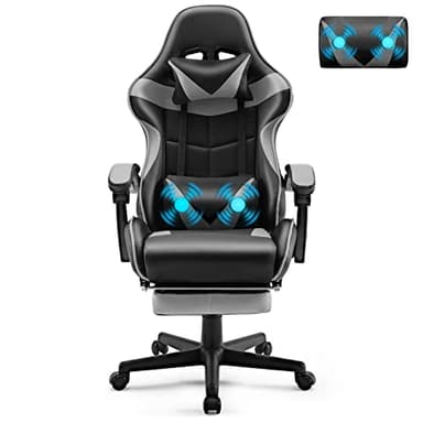 Soontrans Gamingstoel, massagestoel met voetensteun, ergonomische gamer-stoel met hoofdsteun, massage-lendenkussen, gevoerde gamingstoel, gamingstoel voor werk, gaming, livesteam (grijs)