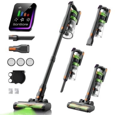 SunSare Draadloze stofzuiger, 65 minuten, 50 kPa, 600 W, krachtige draadloze stofzuiger met geurstoffen, wandlading, intelligent display, stofzuiger met groene led, voor tapijten, vloeren, dierenharen