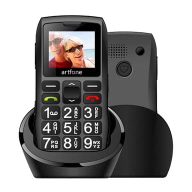 artfone C1+ GSM ontgrendelde mobiele seniorentelefoon met grote toetsen, SOS-knop, hoog volume, dubbele SIM, zaklamp en laadstation, FM-radio, batterij 1800 mAh, bluetooth, 1,8 inch display, zwart