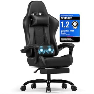 Devoko Gamingstoel, racing, massagestoel met voetsteun, computerstoel met lendenondersteuning, massage en hoofdsteun, 90°-135°, hoge rugleuning, zwart