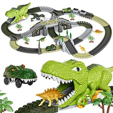 Dinosaurus speelgoed-racebaan, dinosaurus-trein-speelgoed, 281 onderdelen, cadeau voor kinderen van 3, 4, 5, 6 jaar, flexibele spoorwegen met 4 dinosaurussen, 2 elektrische raceauto's met lichten