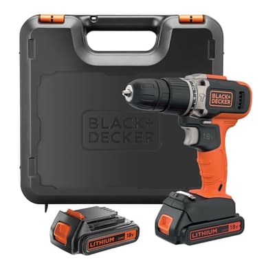 BLACK+DECKER Klopboormachine, 18 V, motor met 2 variabele snelheden 0-400/1400 rpm, slagwerking 21.000 ipm, 2 x 1,5 Ah lithiumbatterijen en koffer BCD003C2K